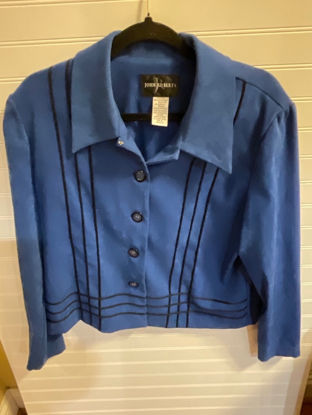 Vintage John Roberts Royal Blue Faux Suede Jacket Blazer Black Trim Size 14